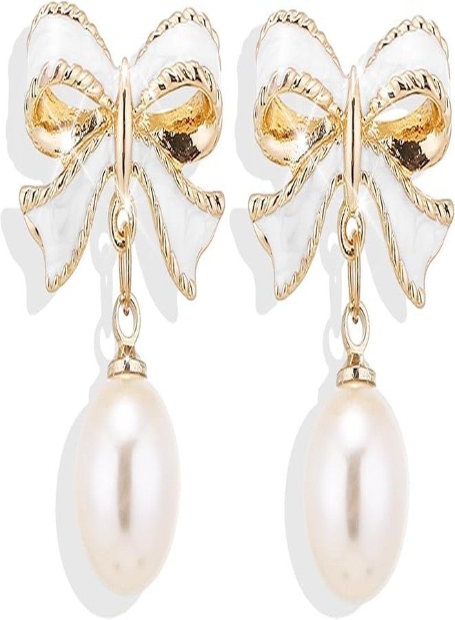 ecozran Dainty Pearl Bow Earrings Pearl Bow Stud Earrings Christmas Party Holiday Jewelry Gifts for Women (Gold Bow-L) - Image 1