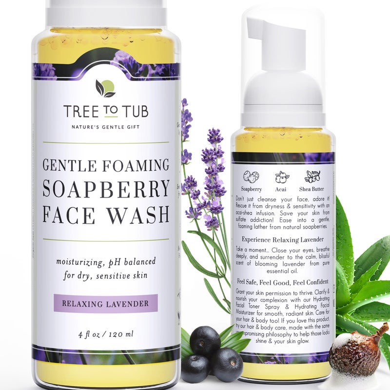 Tree to Tub Sensitive Skin Face Wash for Dry Skin - Moisturizing Gentle Face Cleanser for Women & Men, Hydrating Foaming Facial Cleanser, Daily Face Soap w/Organic Aloe Vera, All Natural Lavender Oil - Image 1