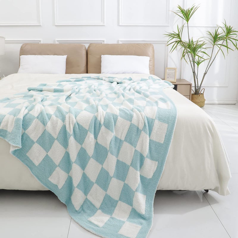 bearberry bearberry Fuzzy Checkerboard Grid Throw Blanket Soft Cozy Warm Microfiber All Season Blanket Decor for Couch Sofa Bed Travel Home (Baby Blue  50''x60'')  - Image 2