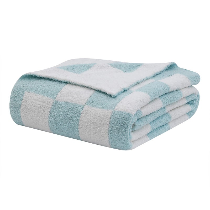 bearberry bearberry Fuzzy Checkerboard Grid Throw Blanket Soft Cozy Warm Microfiber All Season Blanket Decor for Couch Sofa Bed Travel Home (Baby Blue  50''x60'')  - Image 1