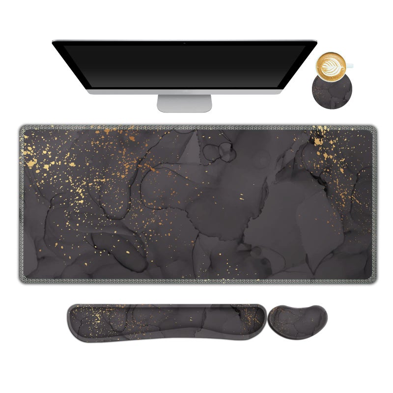 ARTSO Gaming Mouse Pad Wrist Support Set, XXL Large Desk Mat Mousepad + Keyboard Wrist Support+ Mouse Wrist Rest+Coaster 4in1 Ergonomic, Memory Foam, Stitched Edge for Home Office -Black Grey Marble