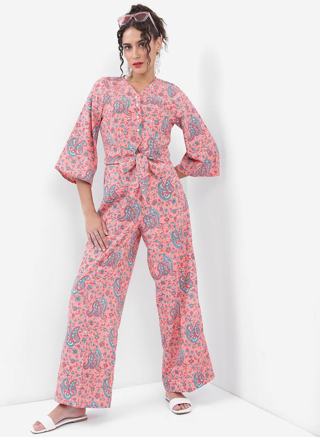 Vishudh Paisley Print Waist Tie Up Top & Palazzo Pants Co-Ords by Styli  - Image 2