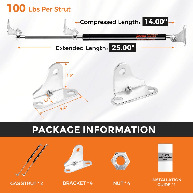 PAMAGOO 25 inch 100 lbs Gas Strut Shocks, 445 N Per Prop with L-Type Mounts for TV Cabinets Heavy Duty Lid Cover RV Bed Basement Floor Door, ONLY FIT 85-115 LBS Weights, 2 Pack Gas Spring by PAMAGOO - Image 2