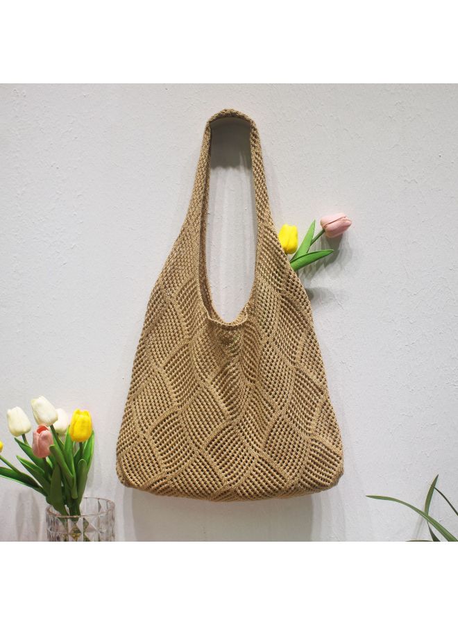 Lazy Style Bag Women's Spring And Summer Satchel Hollow Knitted Bag Shoulder Bag Woven Bag Shopping Bag-Color:Chestnut Yellow-Dimensions:39x61 (including Handle) - Image 1