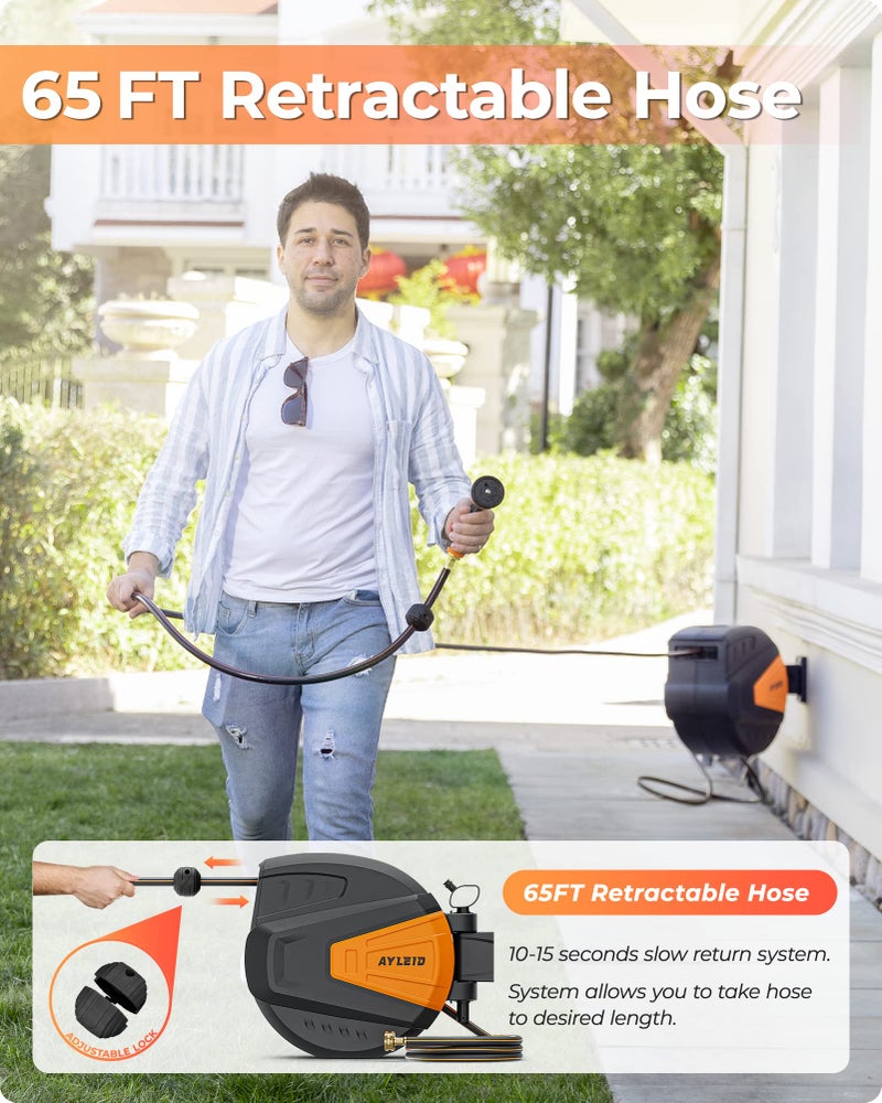Ayleid Retractable Garden Hose Reel,1/2 in x 65 ft Wall Mounted Hose Reel, with 9- Function Sprayer Nozzle, Any Length Lock/Slow Return System/Wall Mounted/180Â°Swivel Bracket (Black) - Image 5