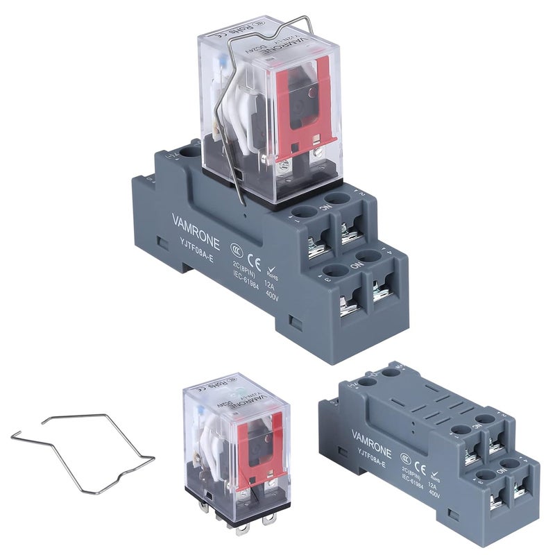 VAMRONE Electromagnetic Power Relay, 8 Pin Relay Coil, 10 Amp, 24VDC with Socket Base and LED Indicator - 2 Units for Din Rail System - Image 2