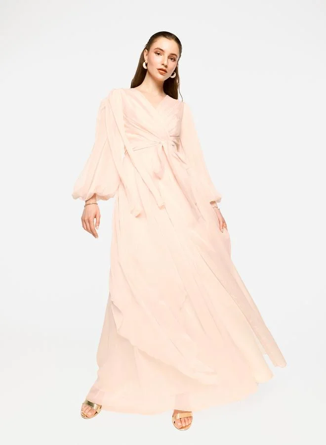 House of Moda House of Moda Pleated Balloon Sleeve Waist Tie-Up A-Line Maxi Dress