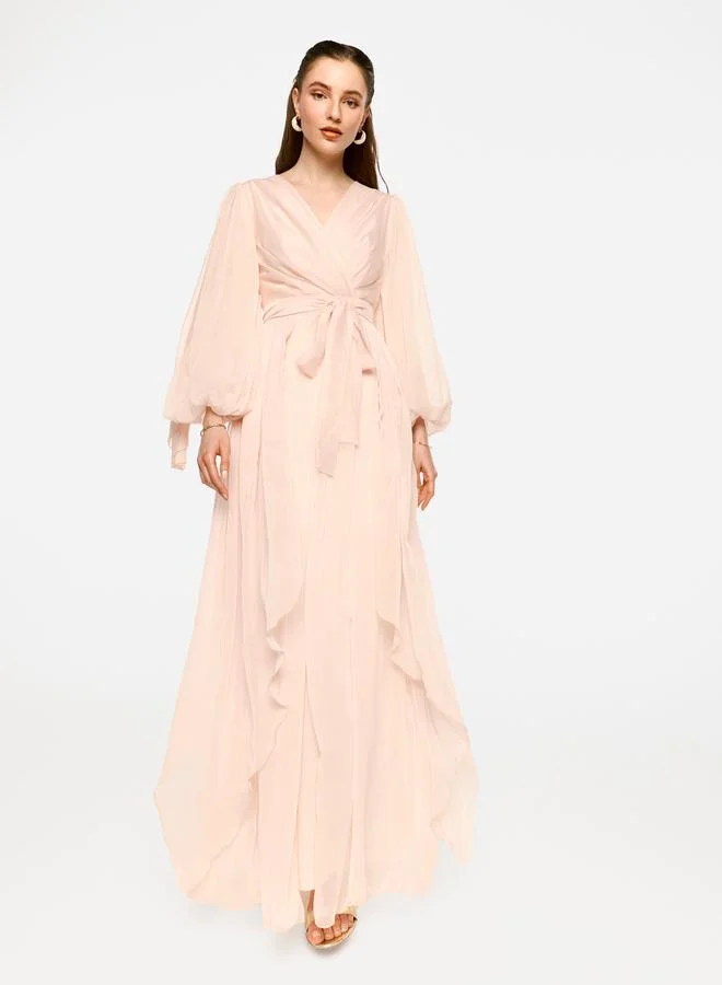 House of Moda House of Moda Pleated Balloon Sleeve Waist Tie-Up A-Line Maxi Dress