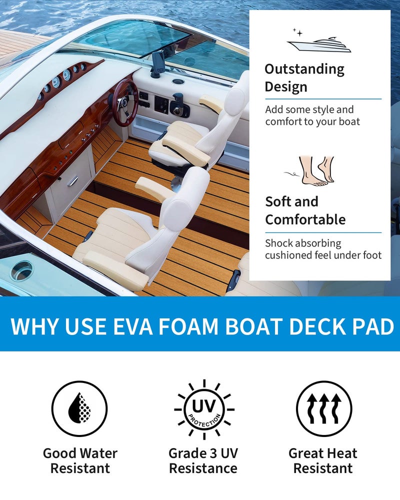 OCEANBROAD أرضيات قوارب OCEANBROAD ذاتية اللصق 48''x16.8'' مع لاصق 3M خلفي من رغوة EVA، سطح قارب مزيف من خشب الساج، ورقة بحرية غير قابلة للانزلاق لقوارب جون ويخت، بني مع خطوط خياطة سوداء - Image 4