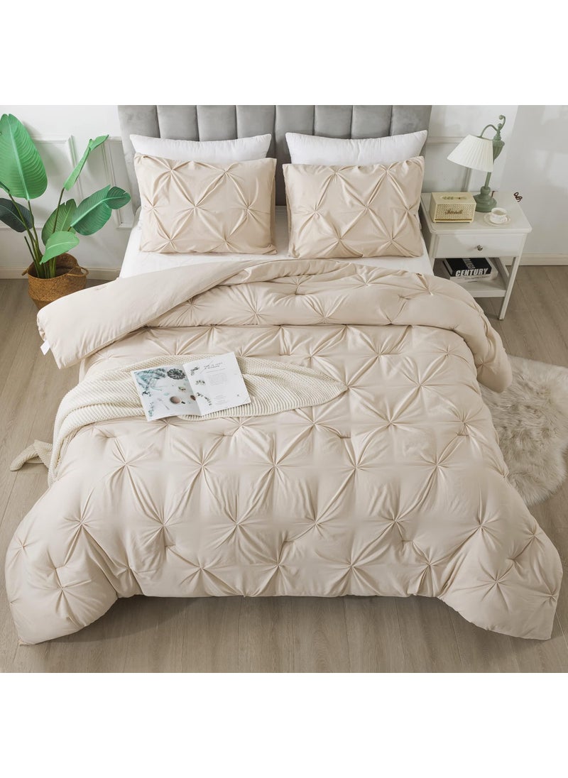 Andency Andency California King Comforter Set Beige (104x96Inch)  Pinch Pleat Comforter Set 3 Pieces  Oversized King Pintuck Bed Comforter  Microfiber Down Alternative Comforter Bedding Set for All Season  - Image 1