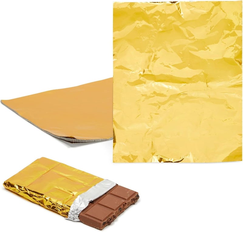 Juvale Gold Foil Sheets - Food-Safe Gold Aluminum Foil - Candy & Chocolate Bar Wrappers - 100 Pack, 6 x 7.5 in - Image 1