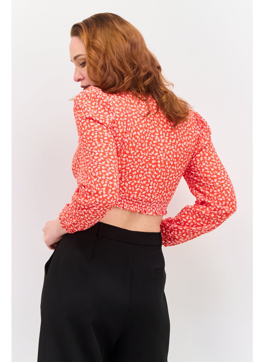 MONKI Women V Neck Long Sleeve Floral Print Blouse, Orange  - Image 2