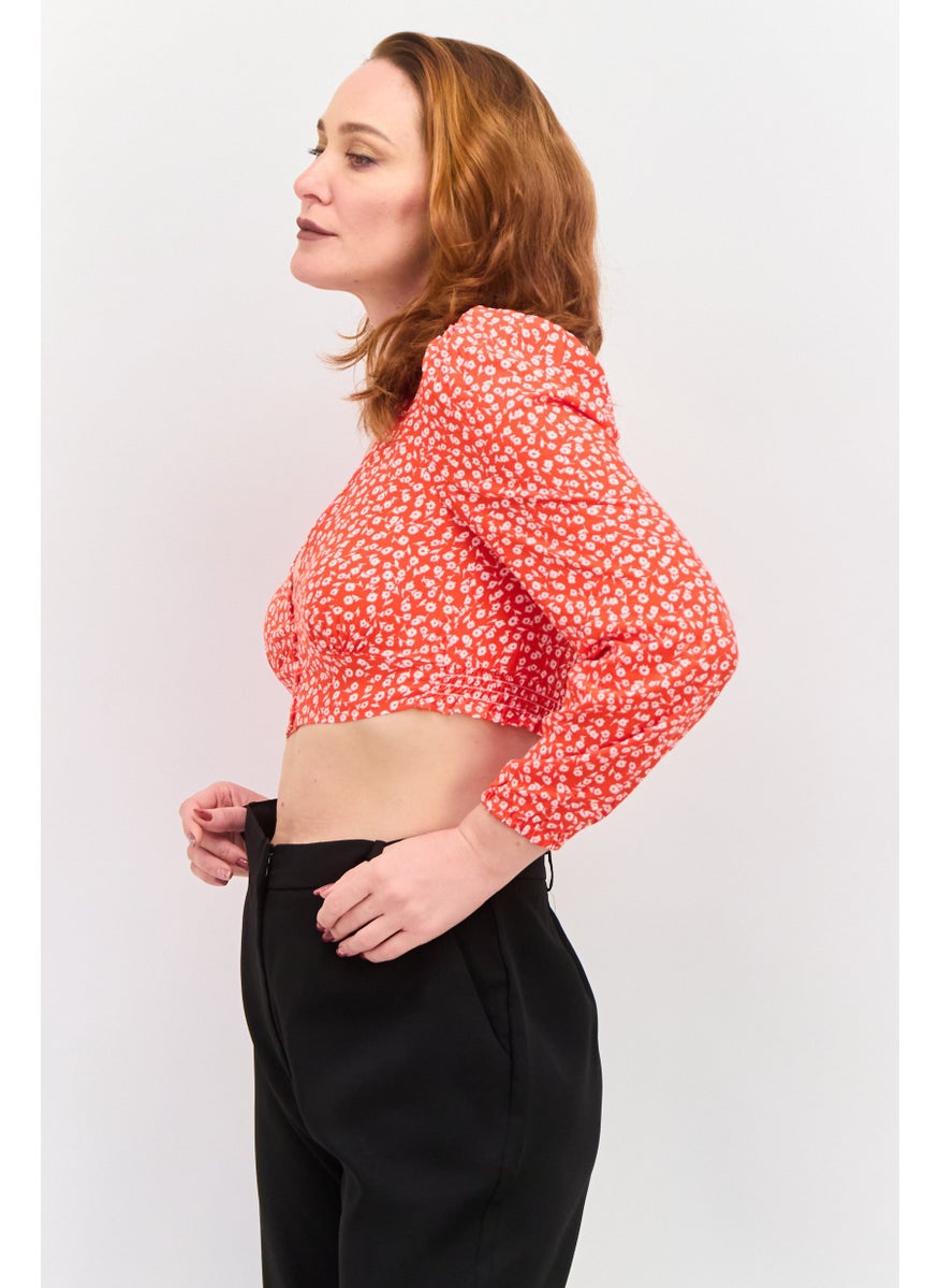MONKI Women V Neck Long Sleeve Floral Print Blouse, Orange  - Image 3