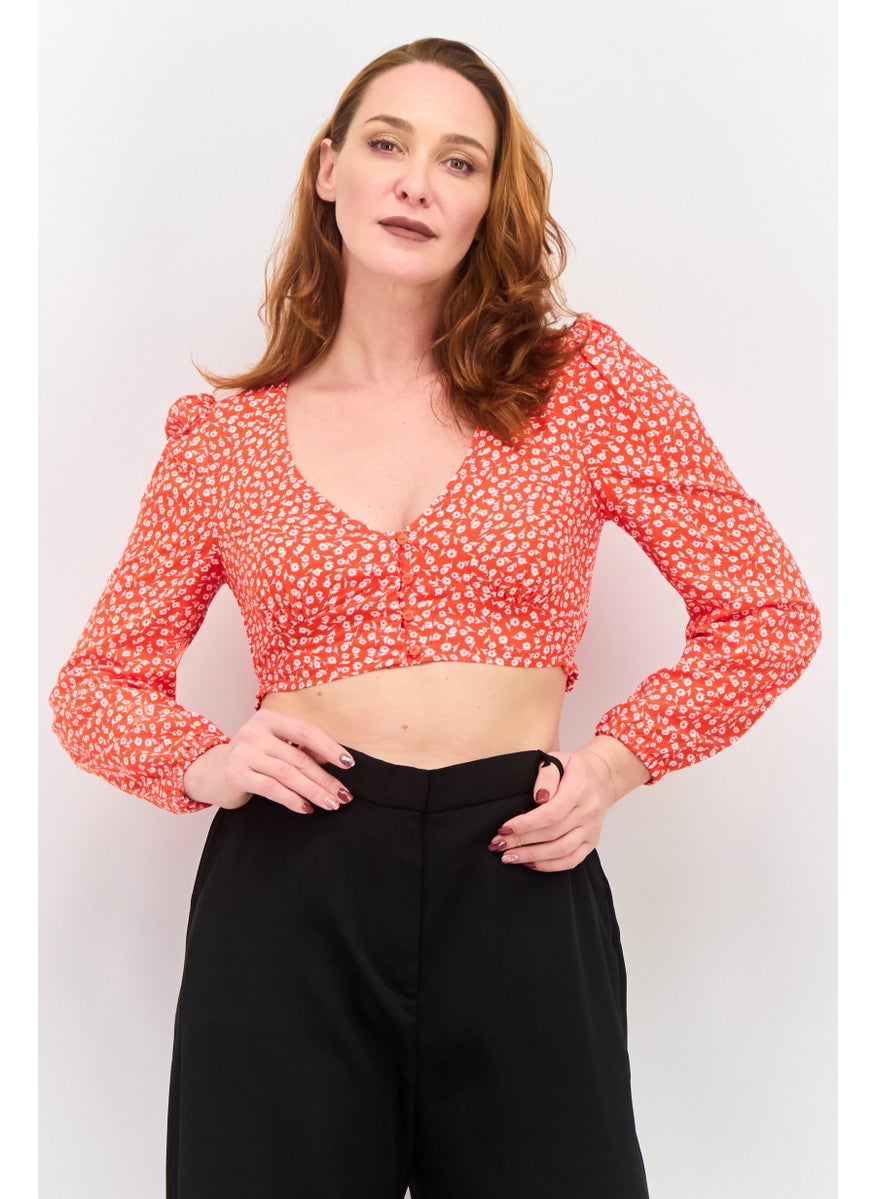 MONKI Women V Neck Long Sleeve Floral Print Blouse, Orange  - Image 1