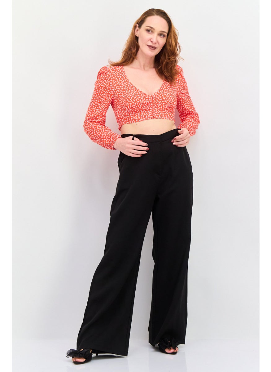 MONKI Women V Neck Long Sleeve Floral Print Blouse, Orange  - Image 4
