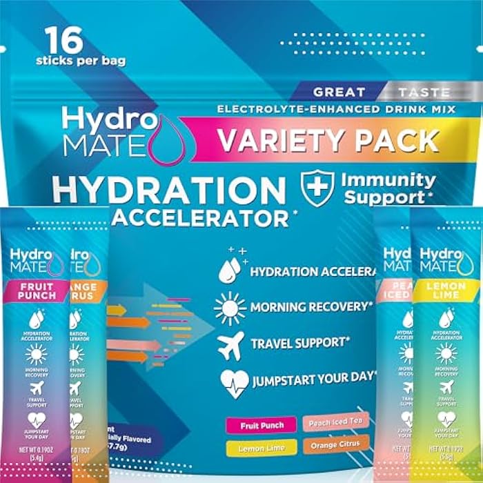 NatureWorks HydroMATE Electrolytes Powder Packets Low Carb Hydration Accelerator Drink Mix Party Relief Plus Vitamin C Variety Pack 16 Sticks - Image 1