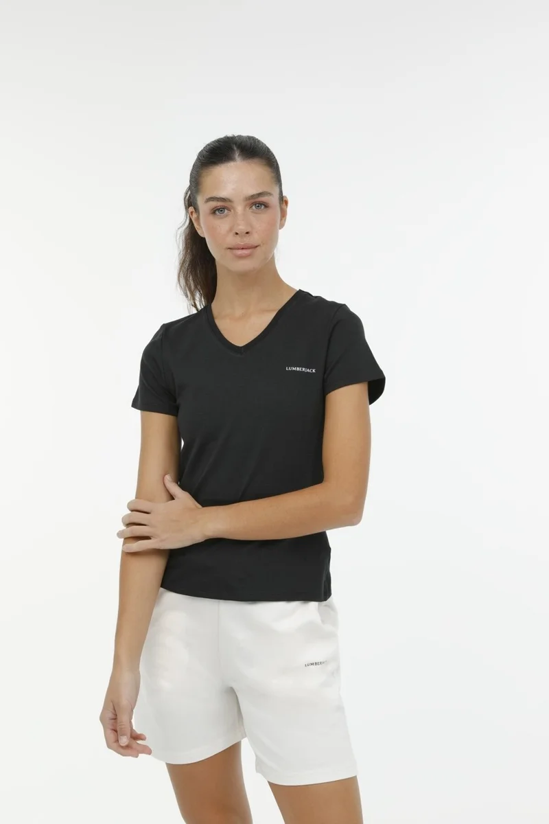 LUMBERJACK W-CT132 Basic Modal V Nec Black Women's Short Sleeve T-Shirt