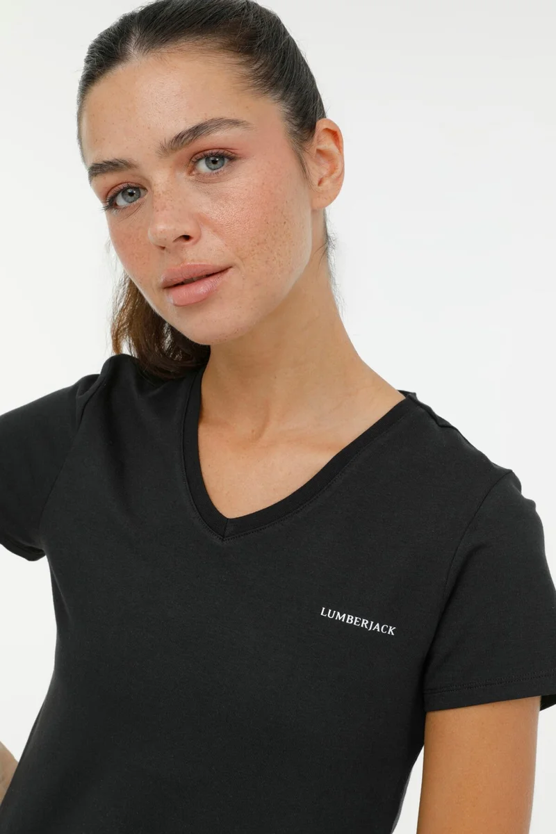 LUMBERJACK W-CT132 Basic Modal V Nec Black Women's Short Sleeve T-Shirt