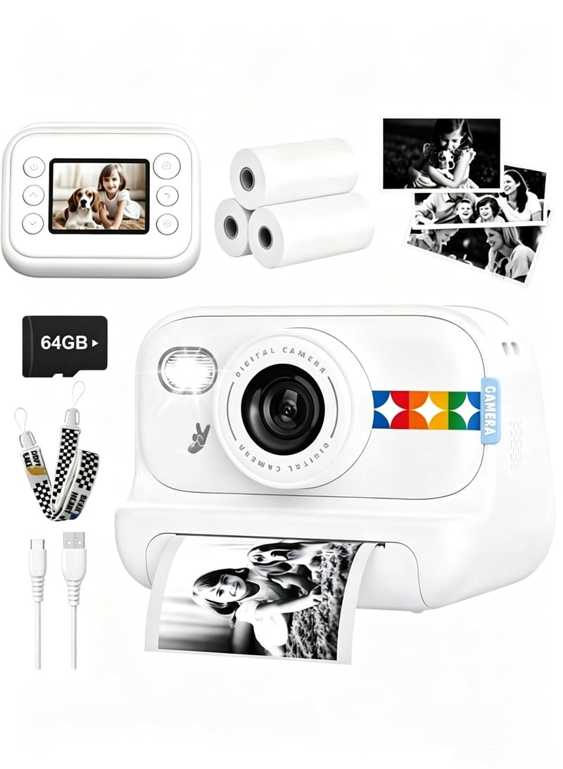 LAESO Instant Print Camera for Kids, 48MP Photos 1080P Digital Video Camera, 64GB Card White - Image 1
