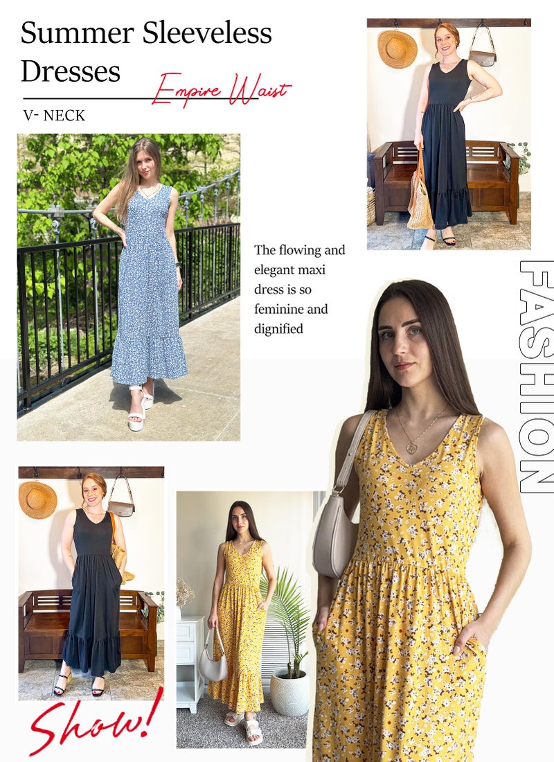AUSELILY Womens Boho Summer Dresses 2026 Floral Sleeveless V Neck A-Line Tiered Maxi Dress, Black White Flower M - Image 4