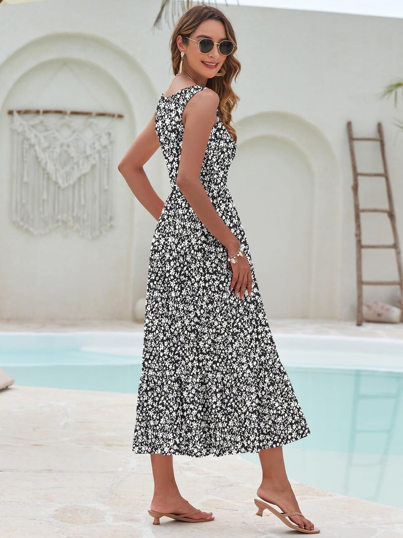 AUSELILY Womens Boho Summer Dresses 2026 Floral Sleeveless V Neck A-Line Tiered Maxi Dress, Black White Flower M - Image 2