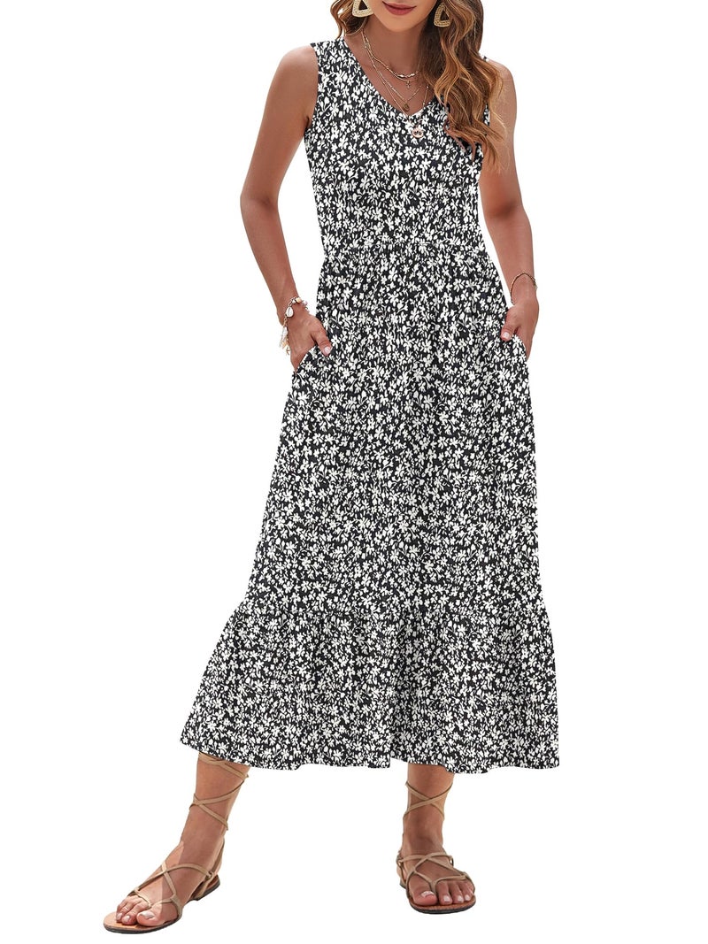 AUSELILY Womens Boho Summer Dresses 2026 Floral Sleeveless V Neck A-Line Tiered Maxi Dress, Black White Flower M - Image 1