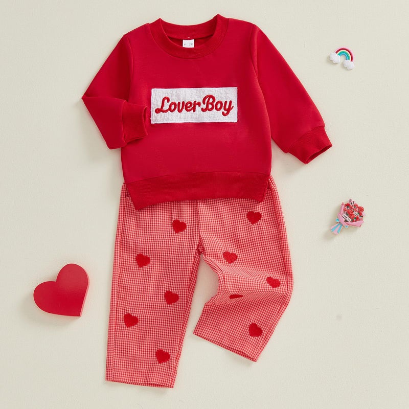 Kuriozud Toddler Baby Boy Clothes Outfit Valentines Day Sweatshirt Lover Boy Shirt+Waffle Knit Pant Set Clothing Fall Winter (Red Heart Lover Boy, 18-24 Months) - Image 5
