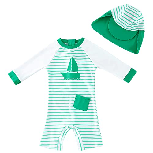 upandfast Baby/Toddler Swimsuit UPF 50+ Sun Protection One Piece Zipper Bathing Suit with Sun Hat Infant Beach Swimwear (Green Boat, 3-6 Months) - Image 1
