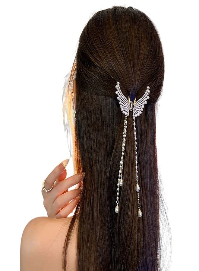 Samyak Pearl Elegant Royal Tassel Rhinestone Hair Claw With Chain | Butterfly Clip | Pins | Barrette Jaw Clamp Hair Accessories For Wedding Bridal Women Accessories - Image 5