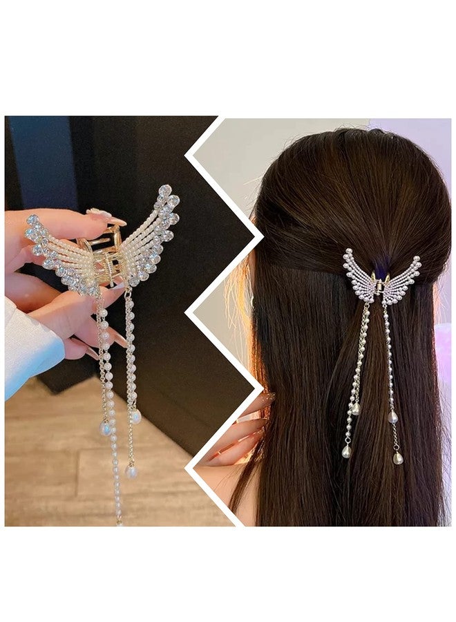 Samyak Pearl Elegant Royal Tassel Rhinestone Hair Claw With Chain | Butterfly Clip | Pins | Barrette Jaw Clamp Hair Accessories For Wedding Bridal Women Accessories - Image 2