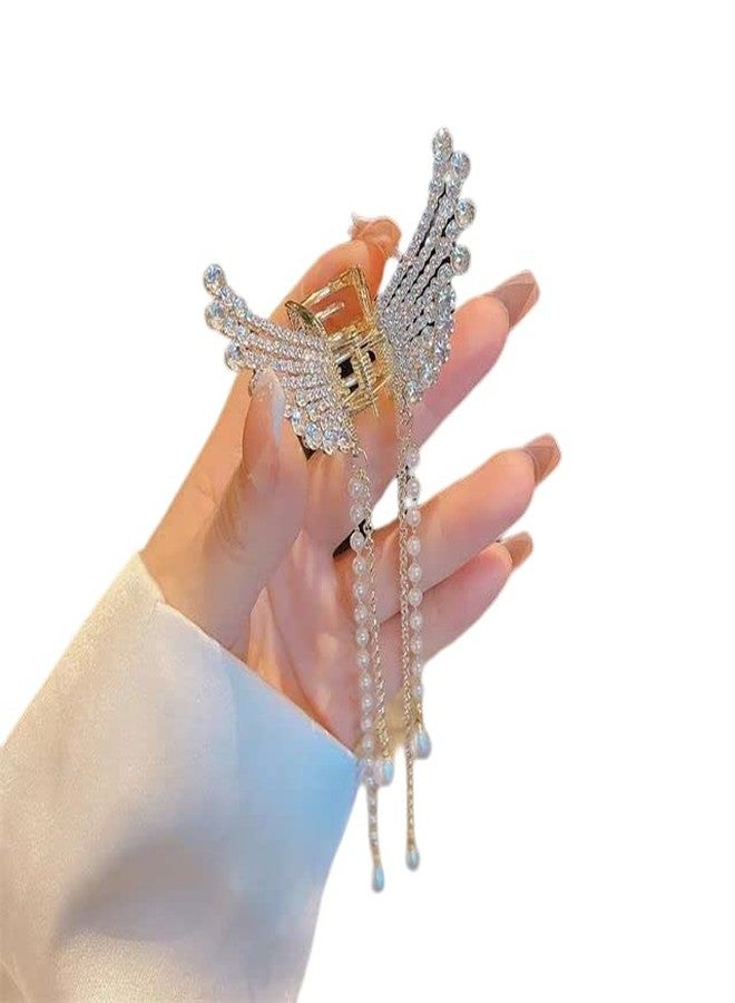 Samyak Pearl Elegant Royal Tassel Rhinestone Hair Claw With Chain | Butterfly Clip | Pins | Barrette Jaw Clamp Hair Accessories For Wedding Bridal Women Accessories - Image 3