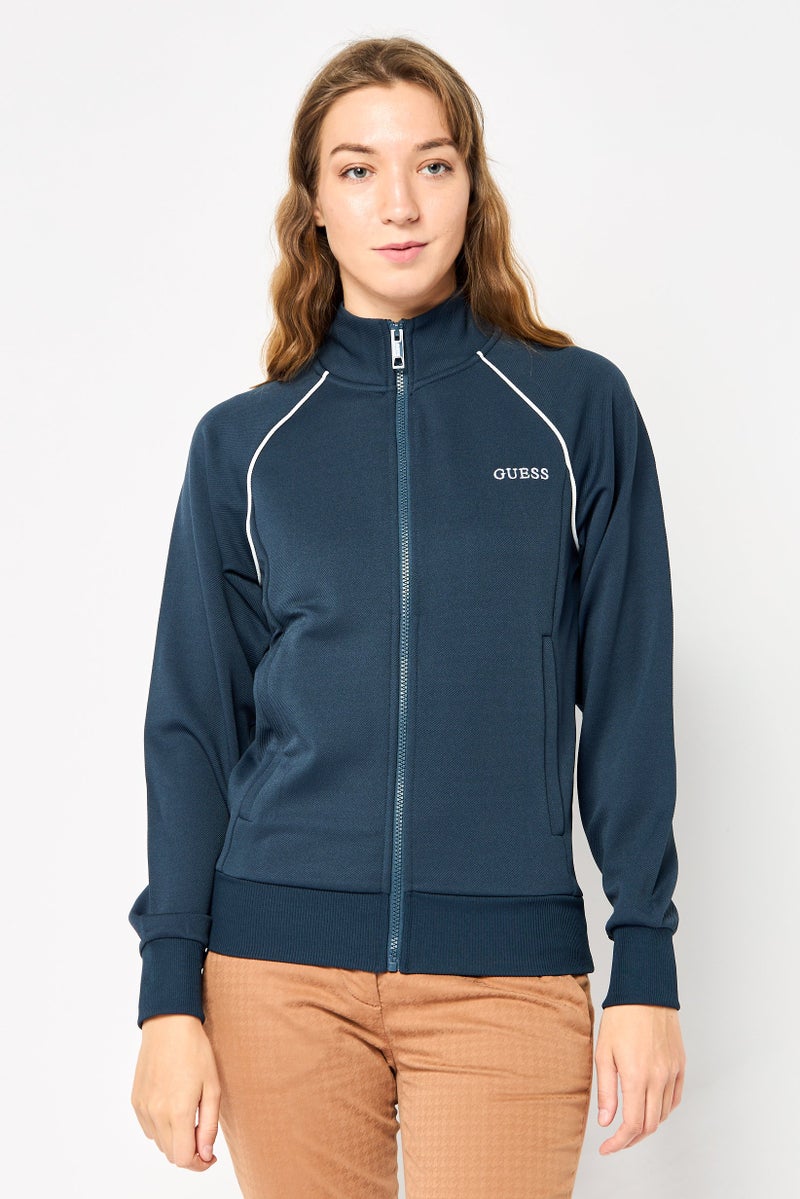 GUESS Women Mock Neck Embroidered Logo Long Sleeves Full Zip Sweatshirt, Dark Navy  - Image 1
