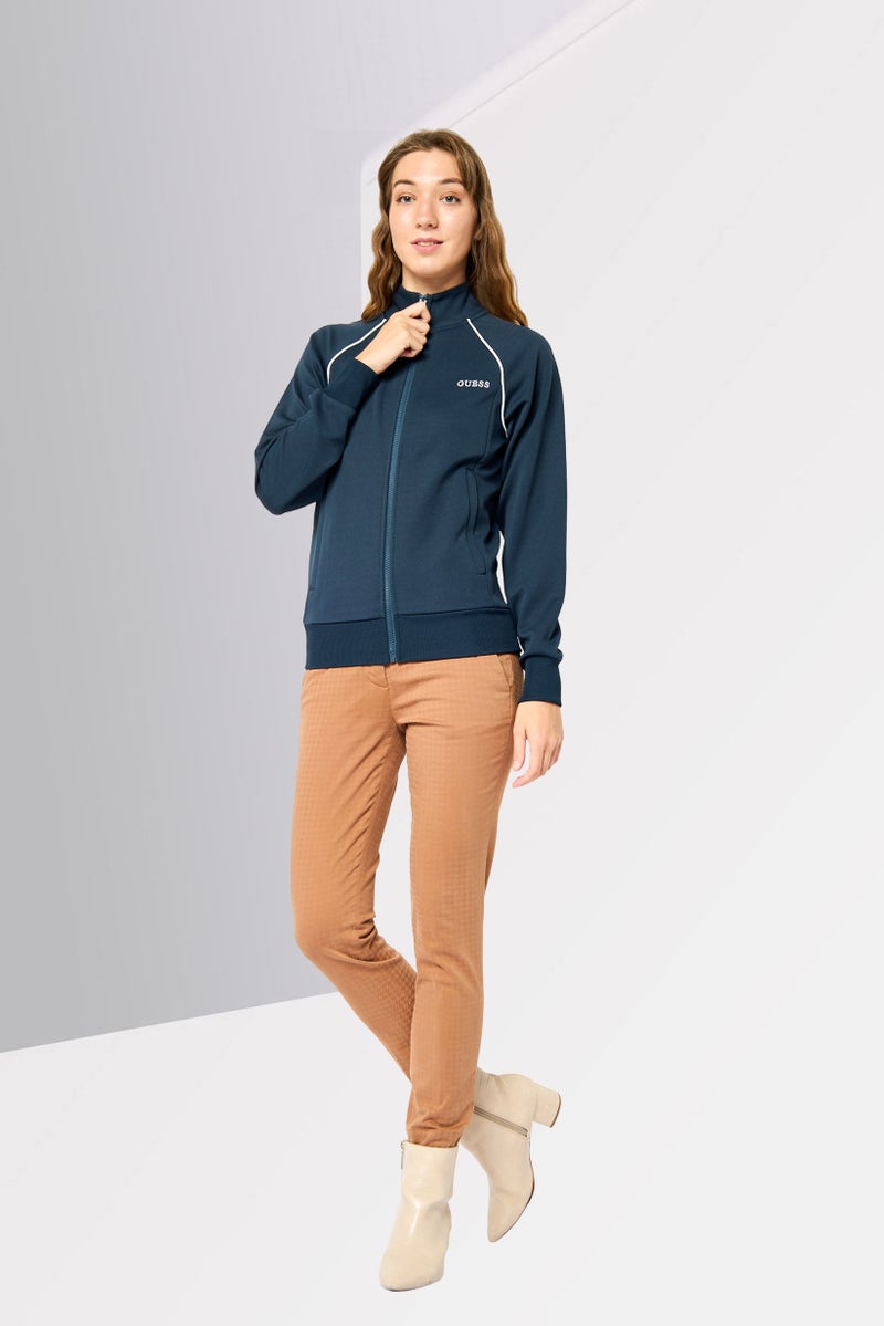 GUESS Women Mock Neck Embroidered Logo Long Sleeves Full Zip Sweatshirt, Dark Navy  - Image 2