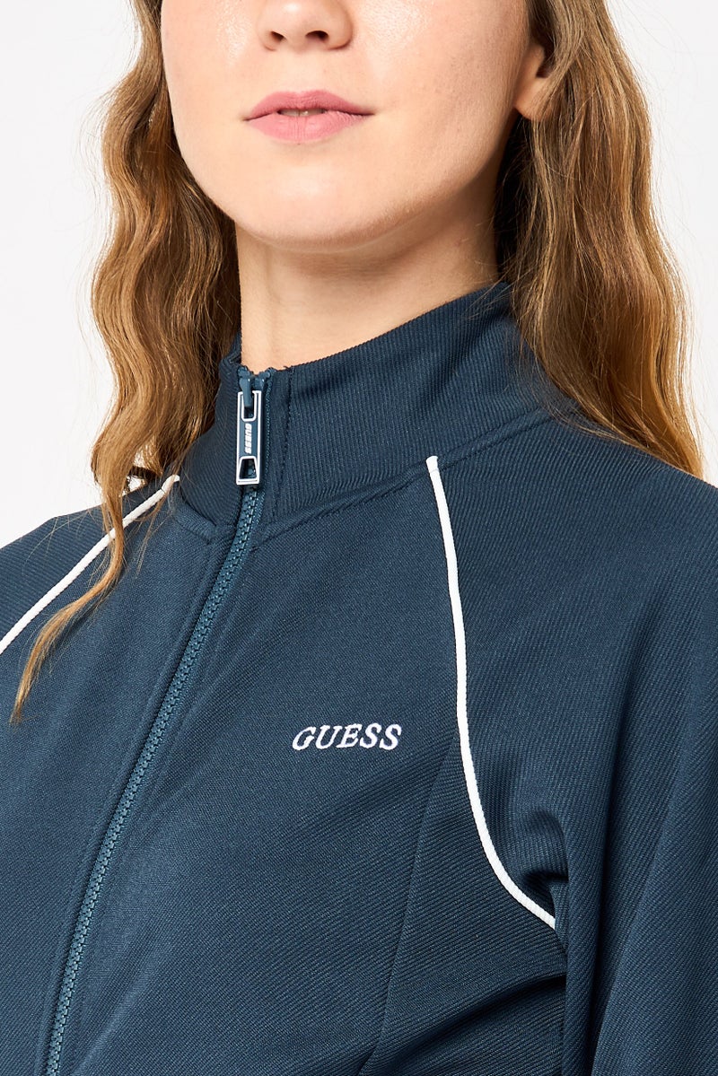 GUESS Women Mock Neck Embroidered Logo Long Sleeves Full Zip Sweatshirt, Dark Navy  - Image 3