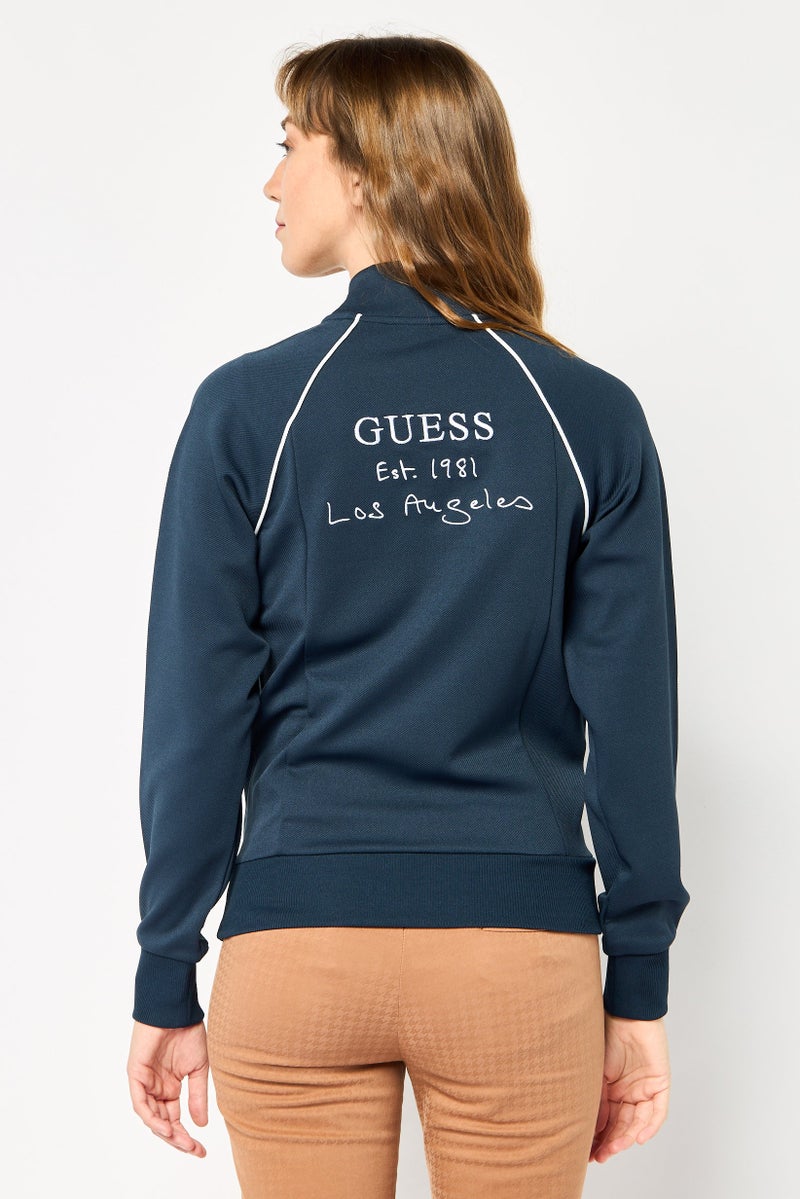 GUESS Women Mock Neck Embroidered Logo Long Sleeves Full Zip Sweatshirt, Dark Navy  - Image 4