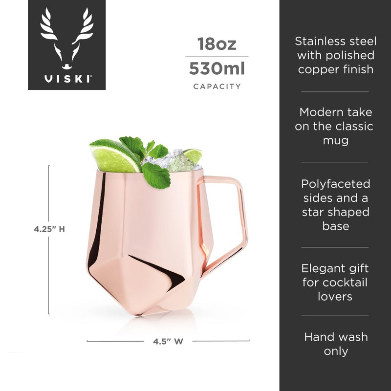 Viski Faceted Moscow Mule Mug  Copper Cocktail Glasses  Stainless Steel  Drinkware  Holds 18 Oz - Image 3