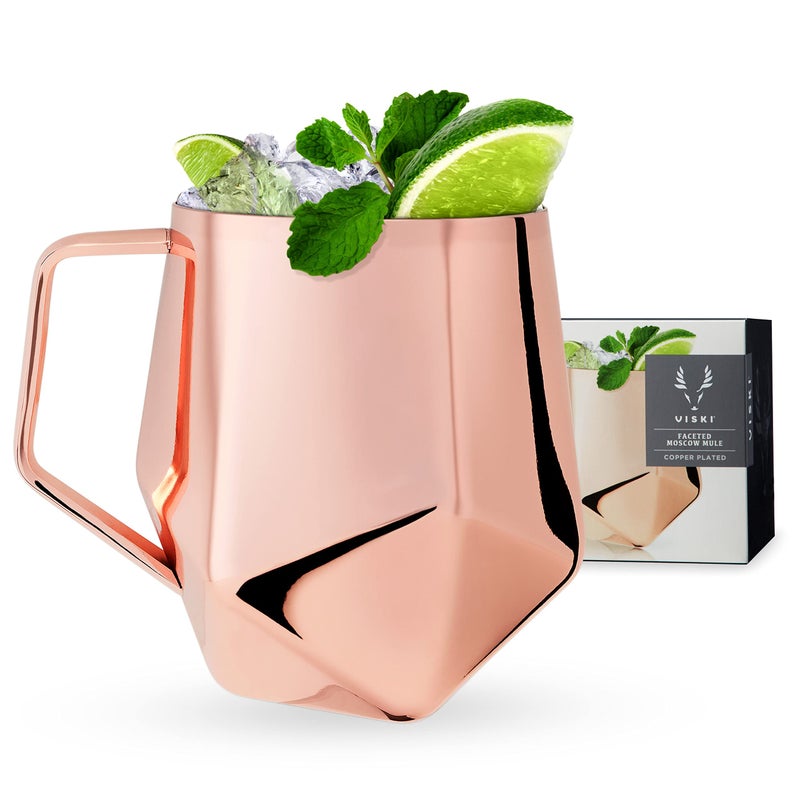 Viski Faceted Moscow Mule Mug  Copper Cocktail Glasses  Stainless Steel  Drinkware  Holds 18 Oz - Image 1