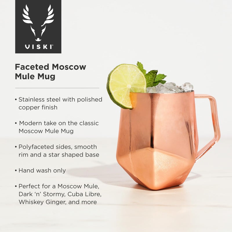 Viski Faceted Moscow Mule Mug  Copper Cocktail Glasses  Stainless Steel  Drinkware  Holds 18 Oz - Image 2