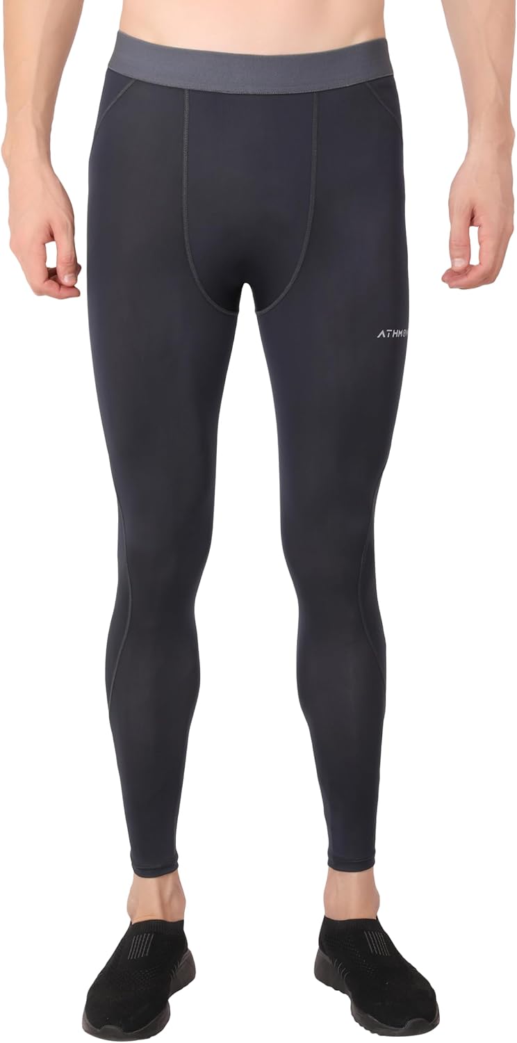 Athmonk Compression Nylon Lycra Lower Leggings Tights Yoga Pants for Men Boys - Workout Gym Exercise Running Cycling Training - Full Leg Sleeves - Cold Weather Sports Inner - Skinny Fit - Image 1