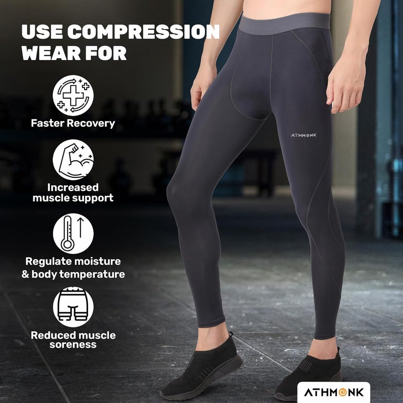 Athmonk Compression Nylon Lycra Lower Leggings Tights Yoga Pants for Men Boys - Workout Gym Exercise Running Cycling Training - Full Leg Sleeves - Cold Weather Sports Inner - Skinny Fit - Image 2