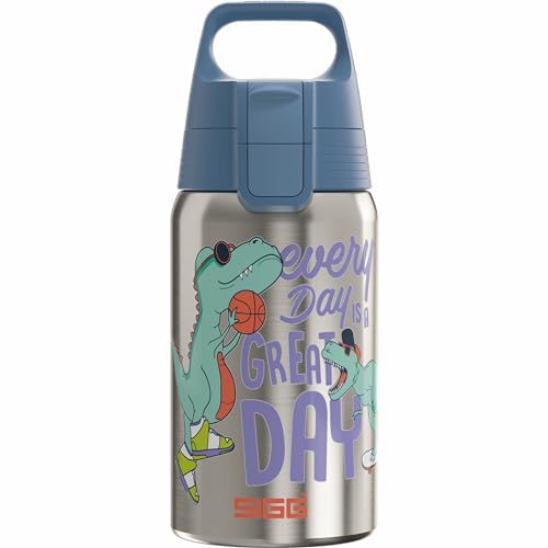 Sigg Stainless Steel Kids Water Bottle Shield Great Day Suitable for Carbonated Beverages Leakproof Lightweight BPA Free Brushed with Dino 17 Oz - Image 1