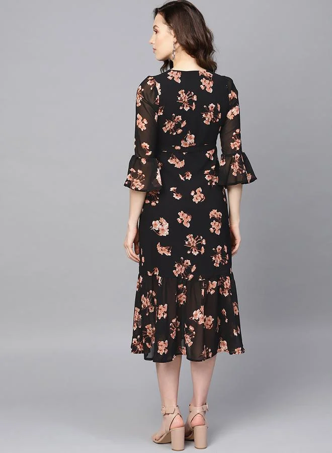 SASSAFRAS Floral Print Wrap Tie Detail Midi Dress by Styli