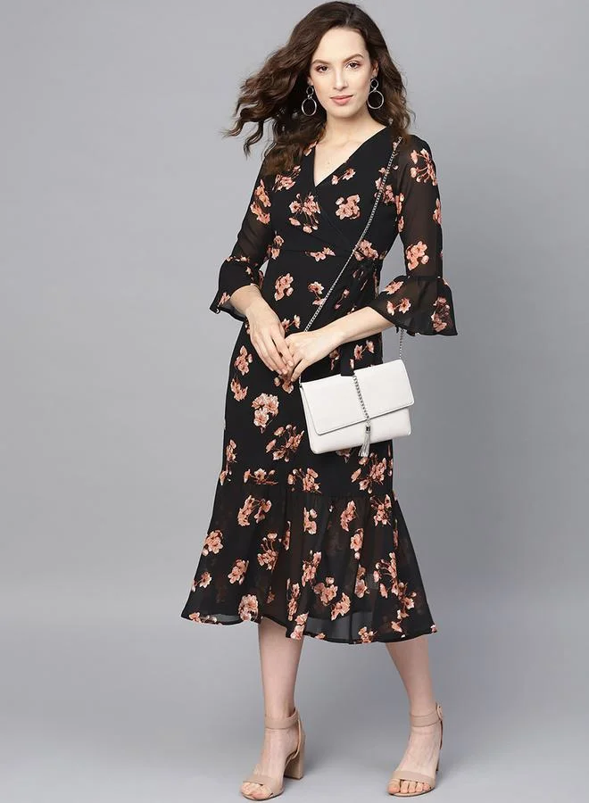 SASSAFRAS Floral Print Wrap Tie Detail Midi Dress by Styli