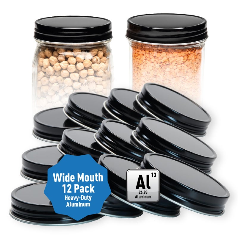 AllSpice Rust-Proof Wide Mouth Aluminum Metal Mason Jar Lids Leak-Proof 12-Pack (Black) - Image 1