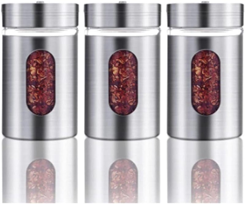 AKOAK 3 Pcs Stainless Steel Glass Spice Jar Powder Bottle Toothpick Holder Swivel Lid Sealed Spice Storage Box Kitchen Cooking Camp Barbecue Silver - Image 1