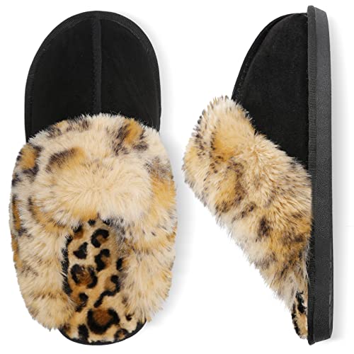 Besroad Womens Furry Slides House Slippers Warm Bedroom Slippers Cozy Memory Foam Plush Shoes Black Leopard8-9 - Image 1