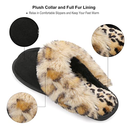 Besroad Womens Furry Slides House Slippers Warm Bedroom Slippers Cozy Memory Foam Plush Shoes Black Leopard8-9 - Image 3