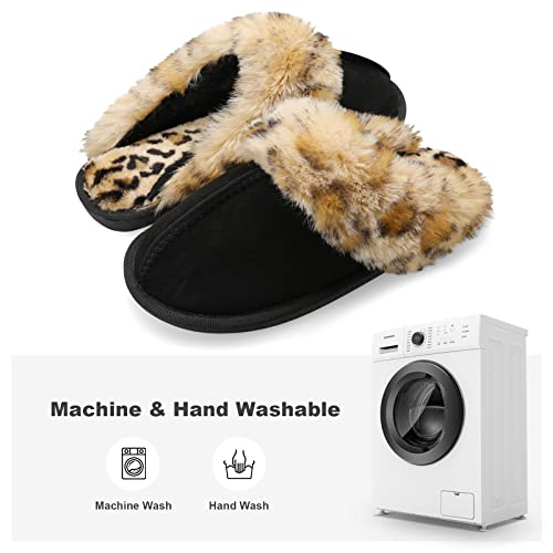 Besroad Womens Furry Slides House Slippers Warm Bedroom Slippers Cozy Memory Foam Plush Shoes Black Leopard8-9 - Image 4