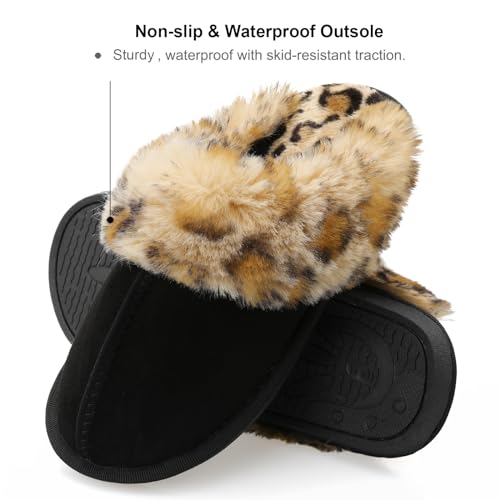 Besroad Womens Furry Slides House Slippers Warm Bedroom Slippers Cozy Memory Foam Plush Shoes Black Leopard8-9 - Image 5