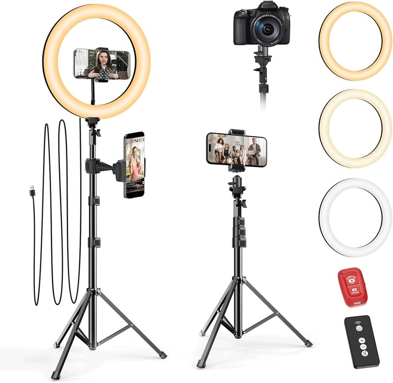EMART 10" Ring Light with 55" Extendable Tripod Stands and Phone Holder, Dimmable LED Circle Round Light for Selfie Camera Photography/Makeup/YouTube Video/Vlogging/Live Streaming - Image 1
